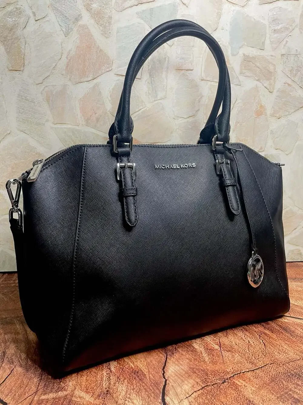Michael Kors Charlotte Large Saffiano Leather Satchel Crossbody Bag Black